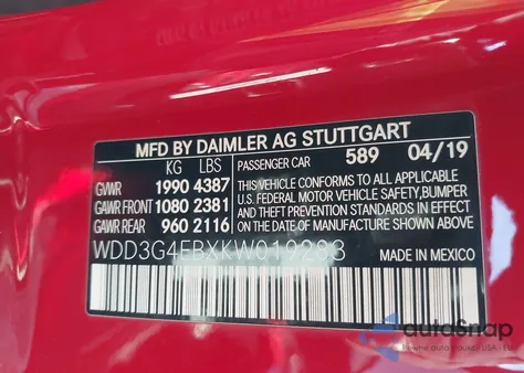 2019 Mercedes-Benz A 220 из США, поврежденный, VIN WDD3G4EBXKW019283